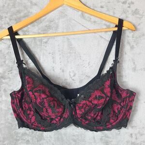 Cacique Unlined Balconette Red Black Sheer Lace Bra Coquette Sexy Size 40DD